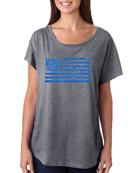 Women's Dolman Merica Glitter Blue Flag 4th Of July Top