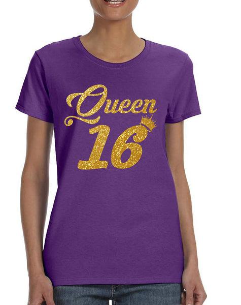 Women's T Shirt Queen 16 Glitter Gold 16th Sweet Sixteen Party