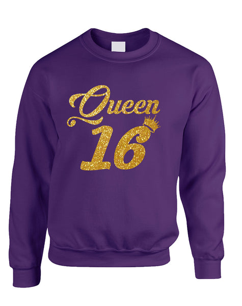 Adult Sweatshirt Queen 16 Glitter Gold Sweet Sixteen Bday