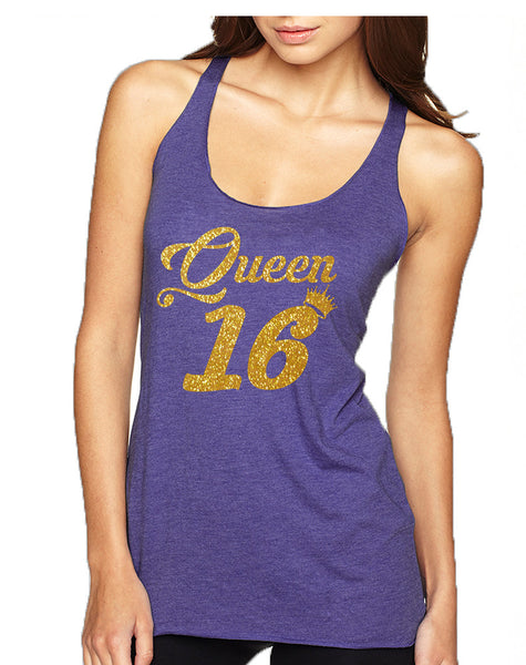 Women's Tank Top Queen 16 Glitter Gold Sweet Sixteen Bday