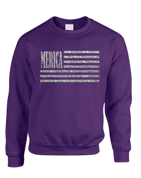 Adult Sweatshirt Merica Glitter Silver Flag 4th Of July USA