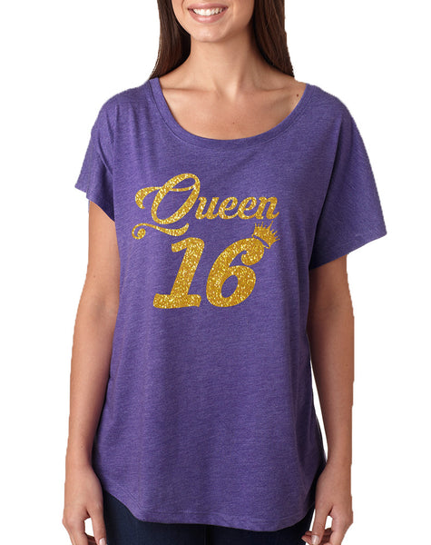 Women's Dolman Queen 16 Glitter Gold Sweet Sixteen Party