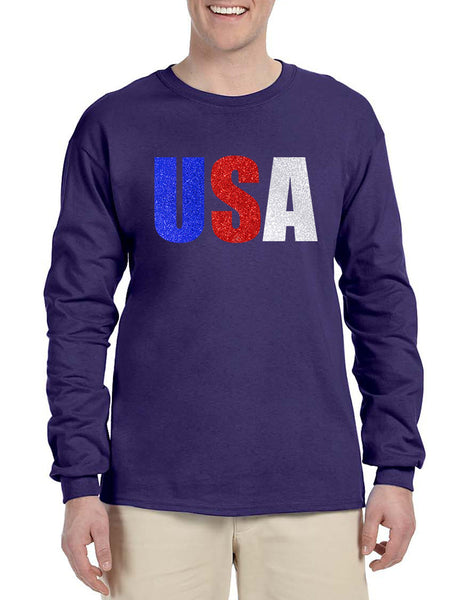 Men's Long Sleeve USA Glitter Flag Colors 4th Of July Tee