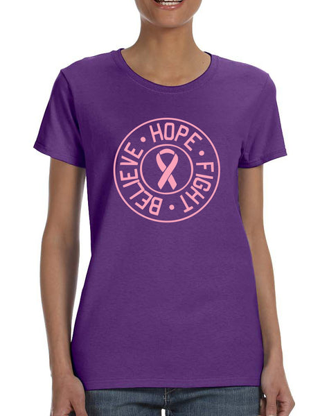 Women's T Shirt Believe Hope Fight Breast Cancer Support Tee
