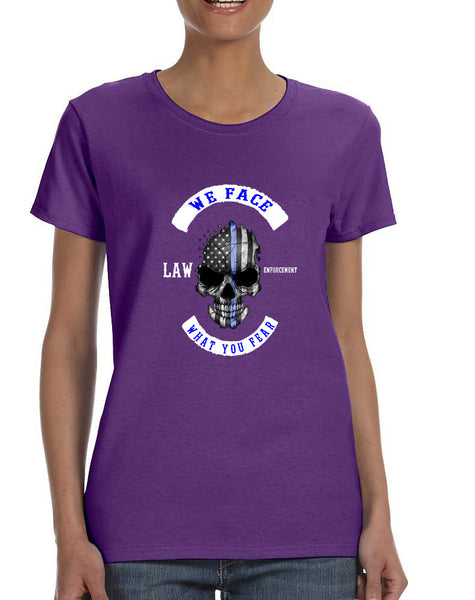 Women's T Shirt We Face What You Fear Amrican Flag Skull