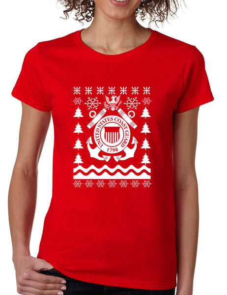 Women's T Shirt Coast Guard Ugly Christmas USCG Holiday Top Gift