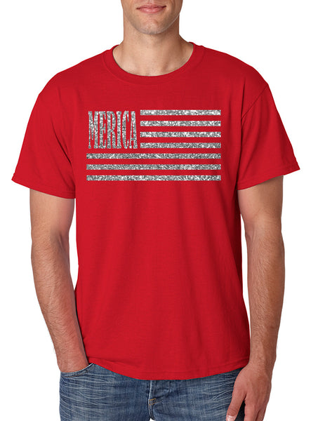 Men's T Shirt Merica Glitter Silver Flag 4th Of July USA Tee