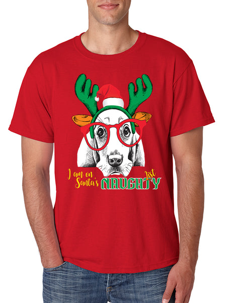 Men's T Shirt I Am On Santa's Naughty List Cute Dog Xmas Gift