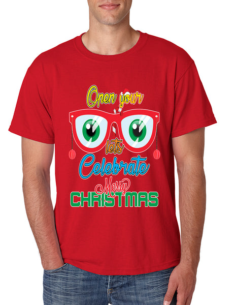 Men's T Shirt Open Your Eyes Lets Celebrate Merry Xmas Trendy Tee