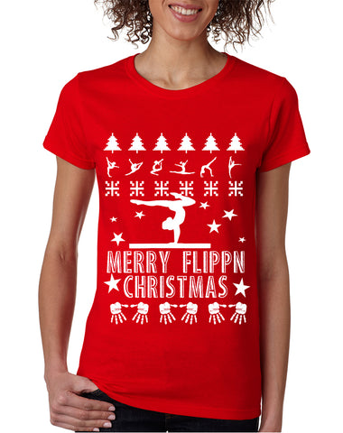 Women's T Shirt Merry Flippn Christmas Gymnastics Ugly Xmas Tee