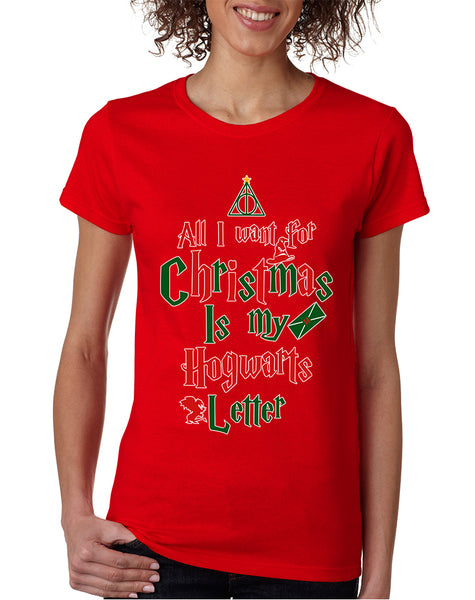 Women's T Shirt All I Want For Xmas Is Hogwarts Letter Holiday Tee