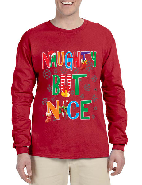 Men's Long Sleeve Naughty But Nice Cute Xmas Shirt Humor Gift