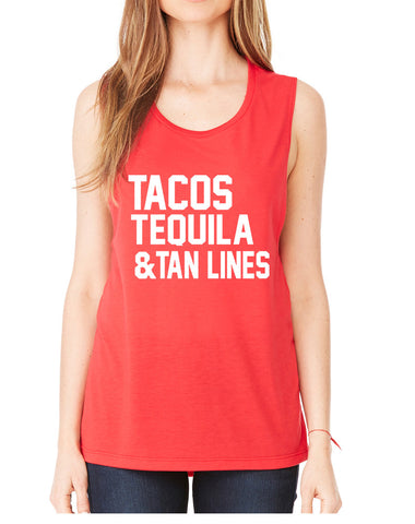 Women's Flowy Muscle Tacos Tequila Tan Lines Beach Top