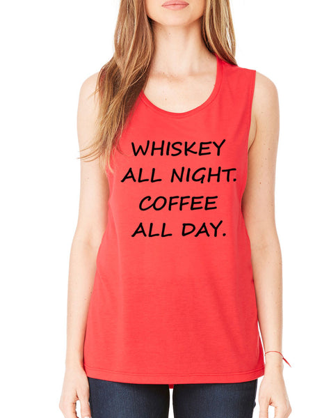 Women's Flowy Muscle Top Whiskey All Night Coffee All Day - ALLNTRENDSHOP - 3