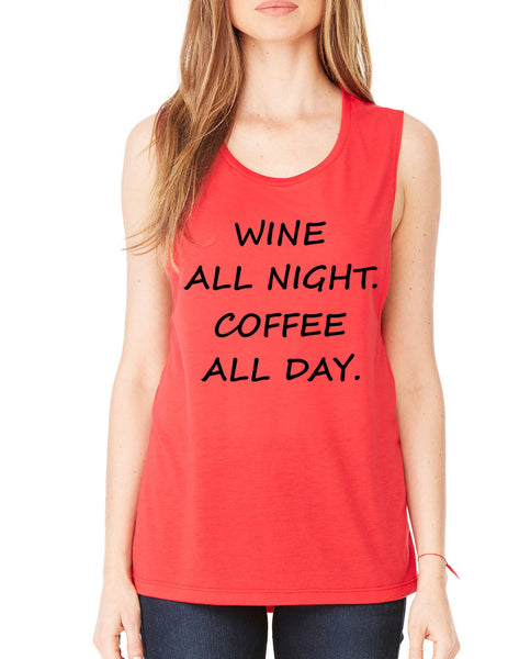 Women's Flowy Muscle Top Wine All Night Coffee All Day Drunk - ALLNTRENDSHOP - 6