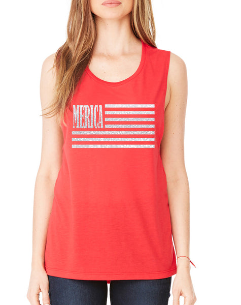 Women's Flowy Muscle Merica Glitter White Flag USA Top