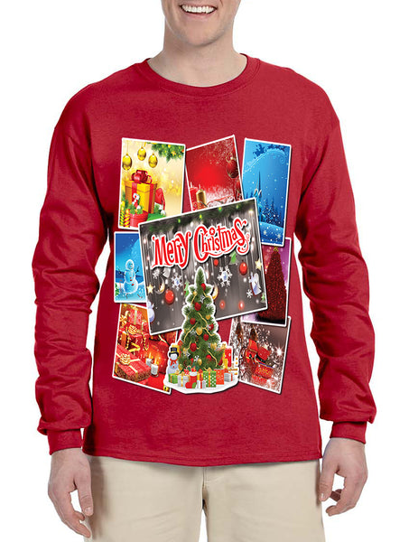 Men's Long Sleeve Merry Christmas Postcards Holiday Graphic Tee