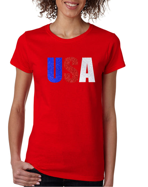 Women's T Shirt USA Glitter Flag Colors Cool 4th Of July Shirt