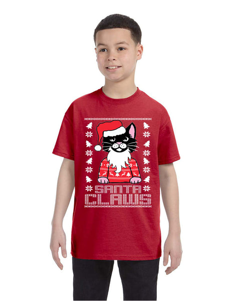Kids Youth T Shirt Santa Claws Cat Ugly Xmas Cute Holiday Tee