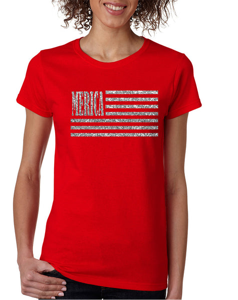 Women's T Shirt Merica Glitter Silver Flag 4th Of July Shirt