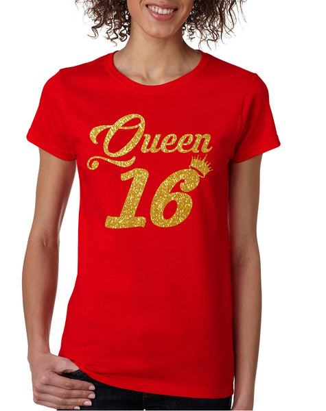 Women's T Shirt Queen 16 Glitter Gold 16th Sweet Sixteen Party