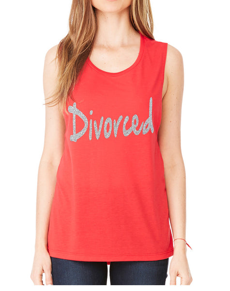 Women's Flowy Muscle Top Divorced Glitter Silver Print Funny