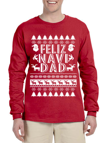 Men's Long Sleeve Feliz Navidad Ugly Xmas Holiday Gift Cute Tee
