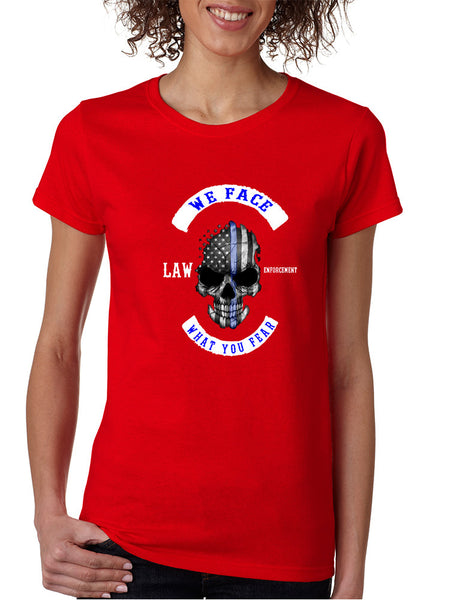 Women's T Shirt We Face What You Fear Amrican Flag Skull