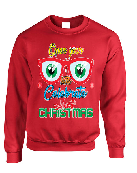 Adult Sweatshirt Open Your Eyes Lets Celebrate Cute Christmas Top