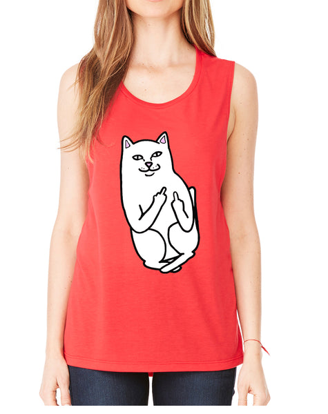 Women's Flowy Muscle Top Middle Finger Cat Humor Top