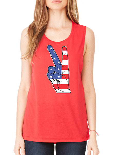 Women's Flowy Muscle Top American Flag Hand 4th Of July