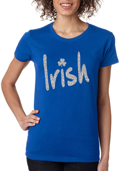 Women's T Shirt Irish Glitter Silver Shamrock St Patrick's Tee