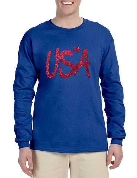 Men's Long Sleeve USA Red Glitter Love America 4th Of July