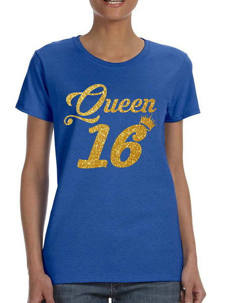 Women's T Shirt Queen 16 Glitter Gold 16th Sweet Sixteen Party