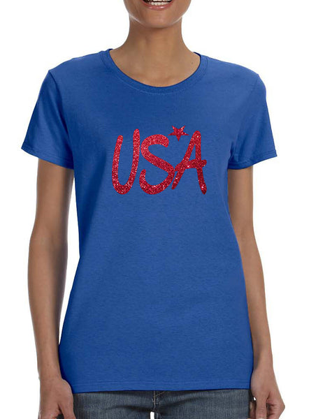 Women's T Shirt USA Red Glitter Love America 4th Of July Tee