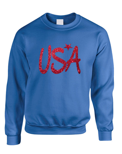 Adult Sweatshirt USA Red Glitter Love America 4th Of July Top