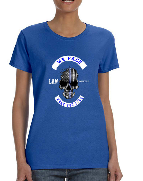 Women's T Shirt We Face What You Fear Amrican Flag Skull