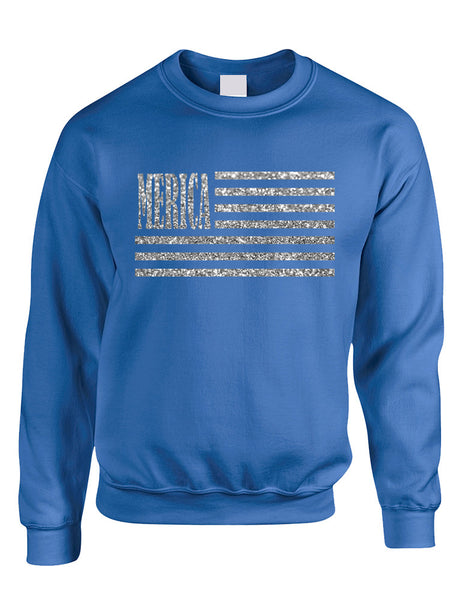 Adult Sweatshirt Merica Glitter Silver Flag 4th Of July USA