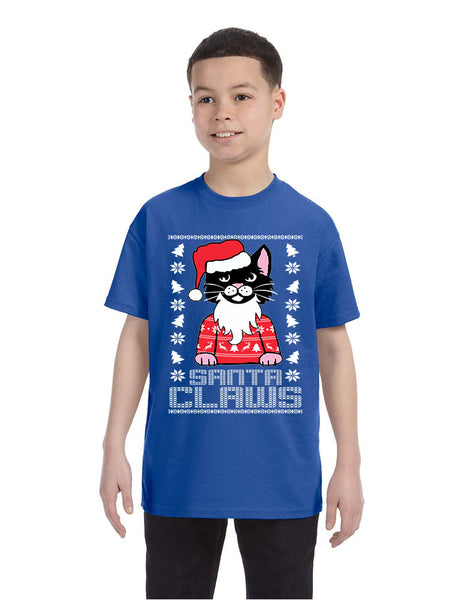 Kids Youth T Shirt Santa Claws Cat Ugly Xmas Cute Holiday Tee
