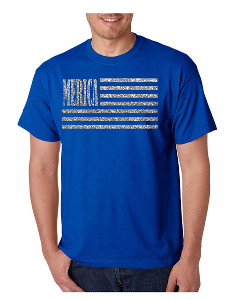 Men's T Shirt Merica Glitter Silver Flag 4th Of July USA Tee