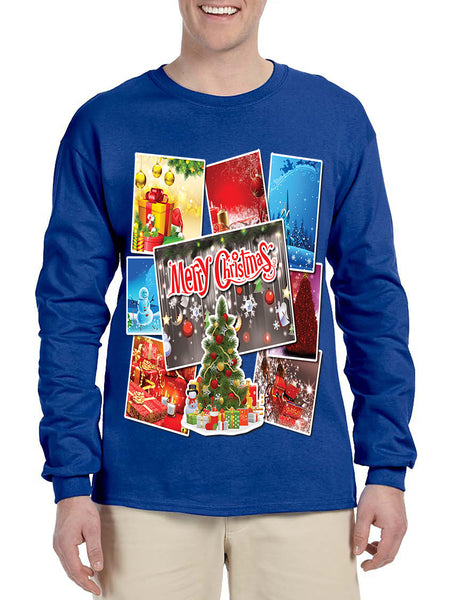 Men's Long Sleeve Merry Christmas Postcards Holiday Graphic Tee