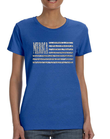 Women's T Shirt Merica Glitter Silver Flag 4th Of July Shirt