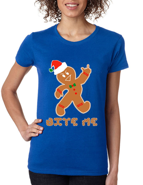 Women's T Shirt Bite Me Gingerbread Ugly Christmas Funny Cool Gift - ALLNTRENDSHOP - 3
