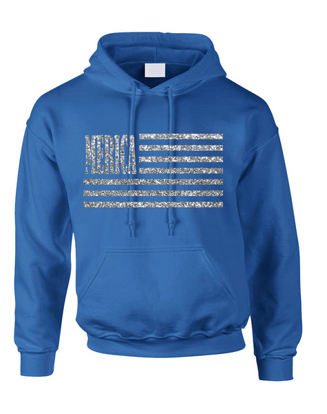Adult Hoodie Merica Glitter Silver Flag 4th Of July USA