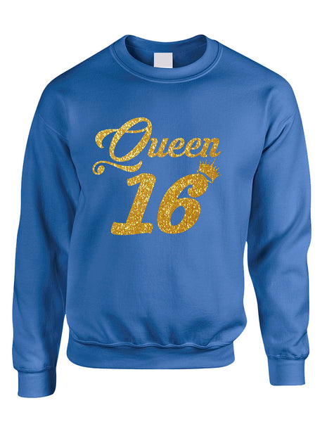 Adult Sweatshirt Queen 16 Glitter Gold Sweet Sixteen Bday