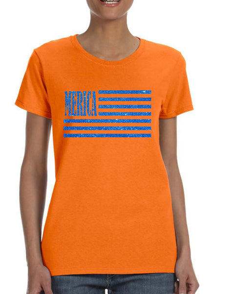 Women's T Shirt Merica Glitter Blue Flag 4th Of July Tee