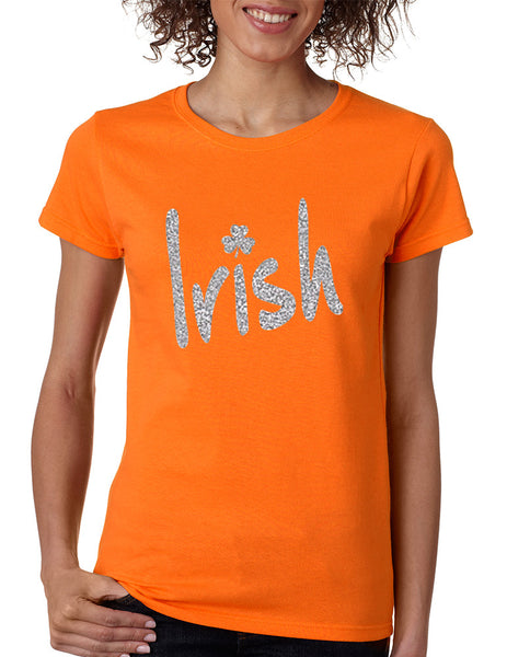 Women's T Shirt Irish Glitter Silver Shamrock St Patrick's Tee