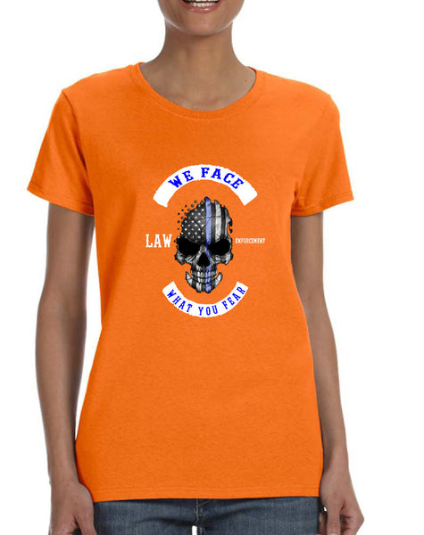 Women's T Shirt We Face What You Fear Amrican Flag Skull