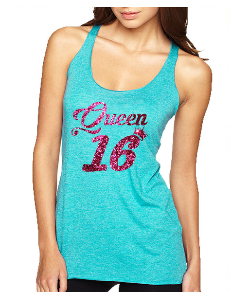 Women's Tank Top Queen 16 Glitter Pink Sweet Sixteen Party Top
