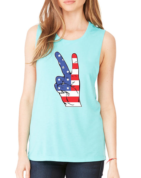 Women's Flowy Muscle Top American Flag Hand 4th Of July